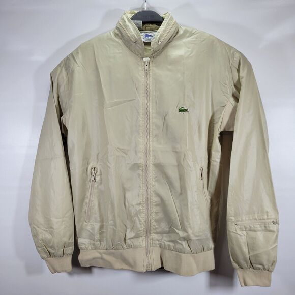 Rare Vintage Izod Lacoste Nylon Hooded Windbreaker Bomber Beige Jacket Size M - Picture 1 of 10